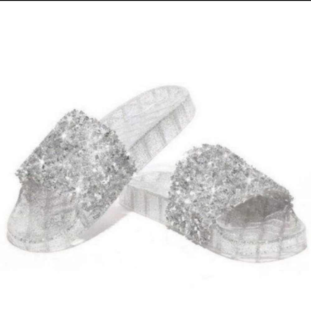 Embellished Sparkle Silver Slides